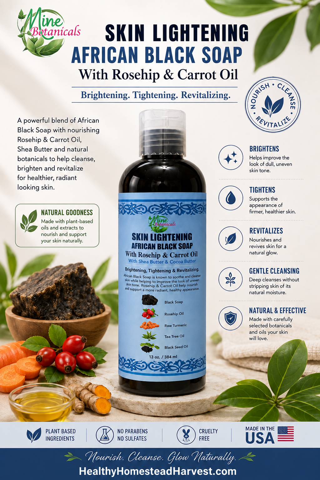 Skin Lightening African Black Soap with Rosehip & Carrot Oil